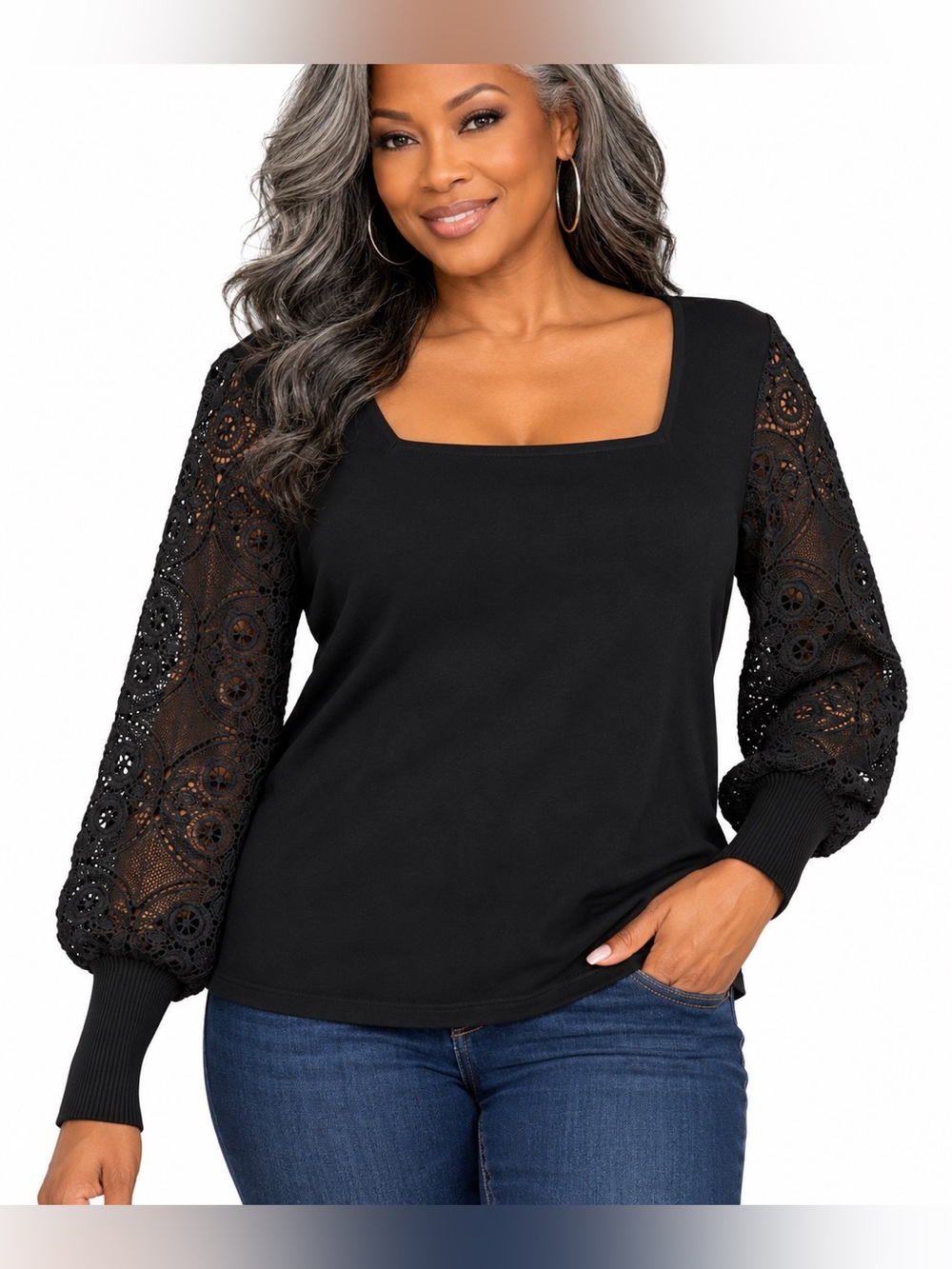 Halston Black Lace Sleeve Square Neck Top Size M